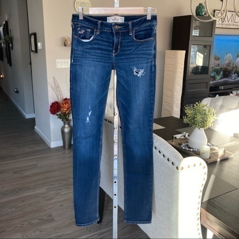 💋 Hollister skinny distressed dark blue jeans denim 5 Long